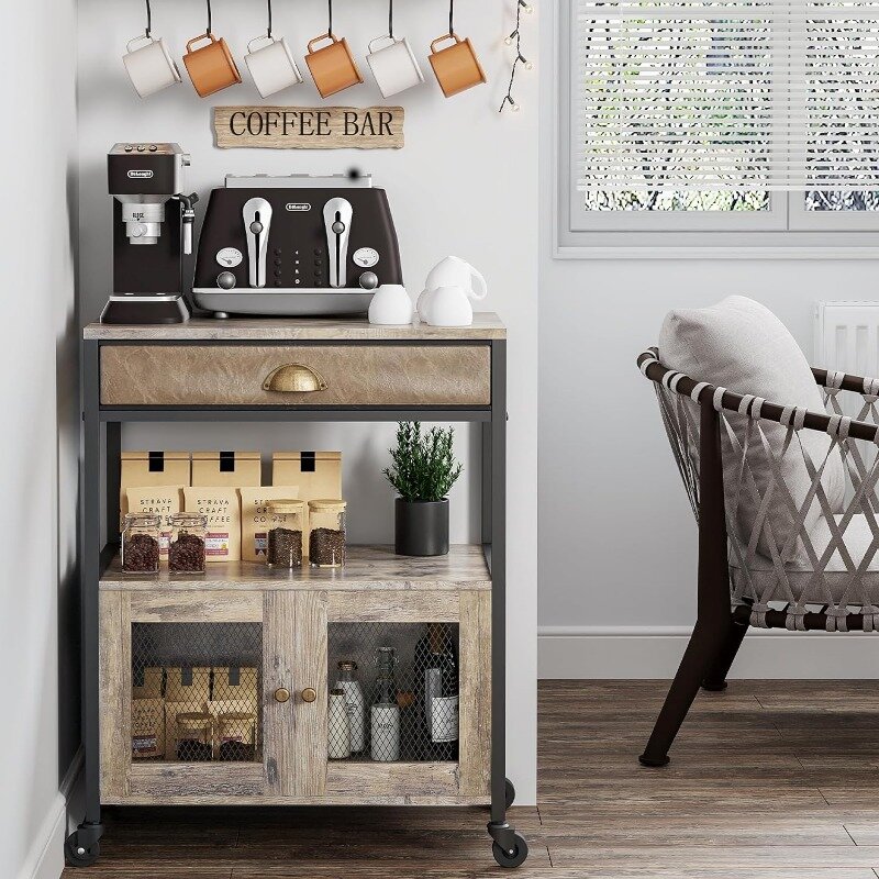 X-Cosrack خزانة قهوة بار ، 3 طبقات عربة قهوة مطبخ مع درج للمنزل ، منزل ريفي متحرك ، طاولة محطة قهوة على الطاولة