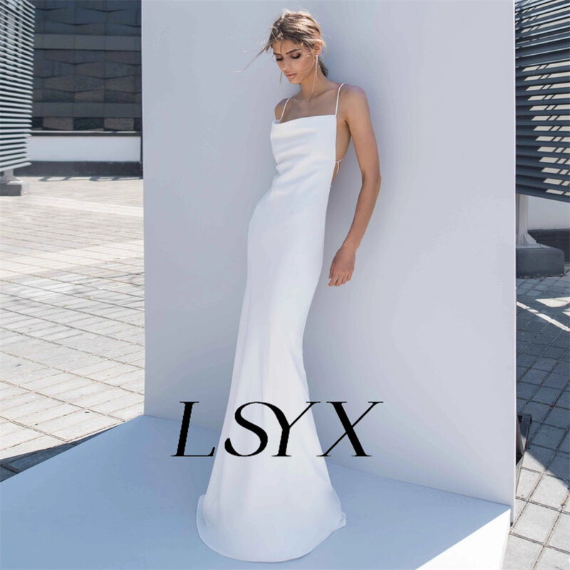 فستان زفاف LSYX مثير بدون أكمام على شكل حرف v كريب أبيض حورية البحر للنساء بسيط بأربطة من الخلف طول الأرض فستان الزفاف مصنوع حسب الطلب