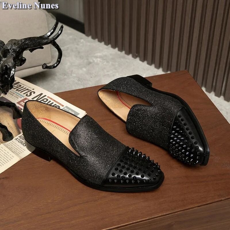 الرجال الأسود الربط برشام ديكور الأحذية ، مريحة الانزلاق على المتسكعون ، الربيع فستان أحذية ، حجم كبير ، 38-48