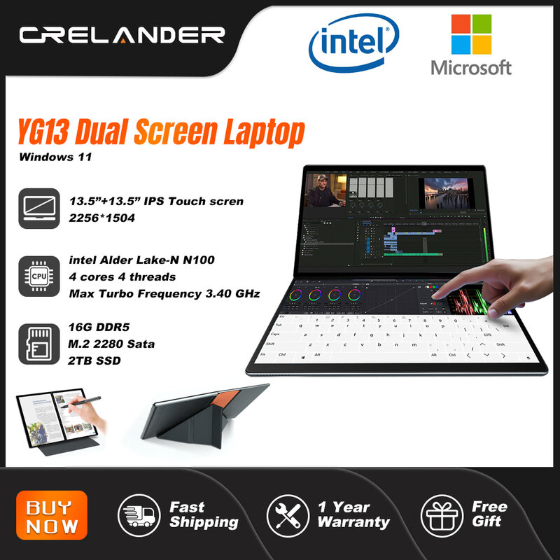 كريلاندر يوجا-كمبيوتر محمول بشاشة مزدوجة بشاشة تعمل باللمس ، إنتل N100 وحدة معالجة مركزية ، جي هرتز ، DDR5 ، 16 جيجابايت ، ويندوز 11 ، كمبيوتر محمول ، كمبيوتر لوحي ، "+ ay"