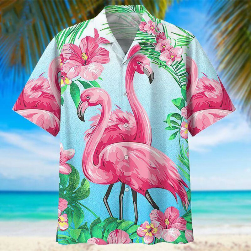 الصيف Hot البيع قميص هاواي صيفي للرجال ثلاثية الأبعاد الكرتون فلامنغو قميص رجالي الشاطئ المتضخم مضحك ملابس للرجال الموضة قصيرة الأكمام
