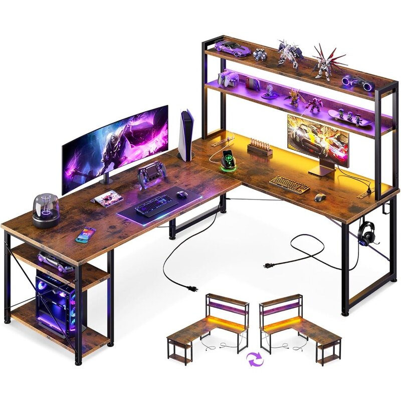 مكتب ألعاب على شكل حرف L مع تخزين ، مكتب كمبيوتر مع قفص ، منافذ طاقة ، شريط LED ، حامل شاشة ، 66 بوصة ، قابل للعكس