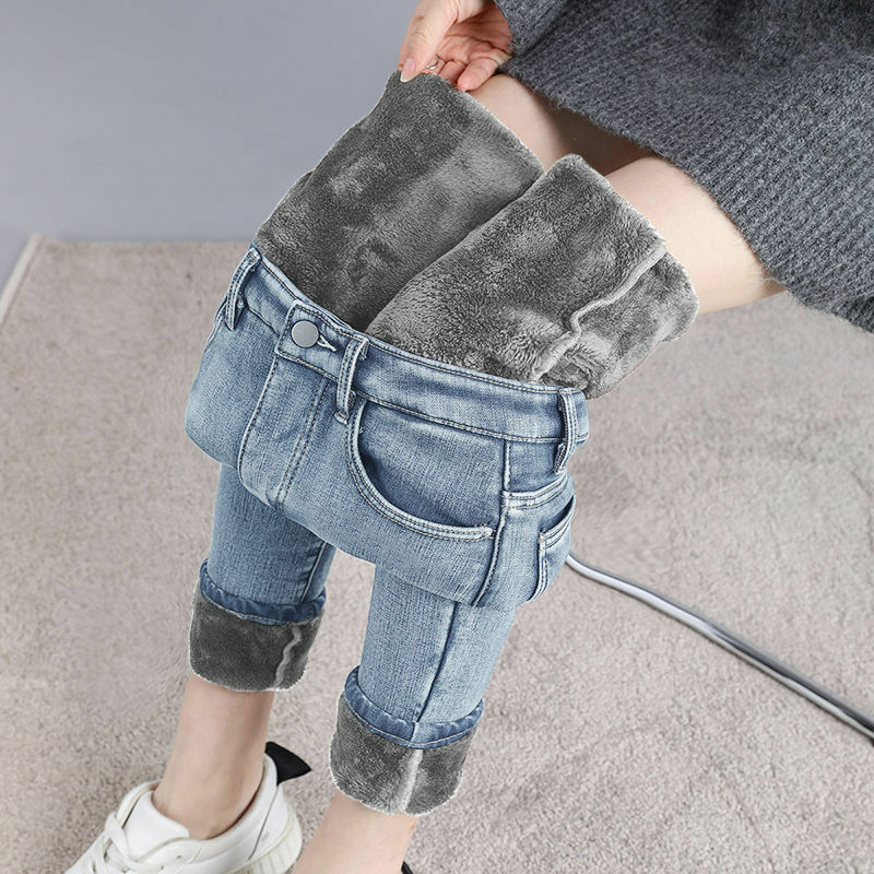 سروال ضيق مرن مناسب للسيدات ، جينز عالي الخصر ، جينز سميك ومبطن ، شتاء ، 2023 #3