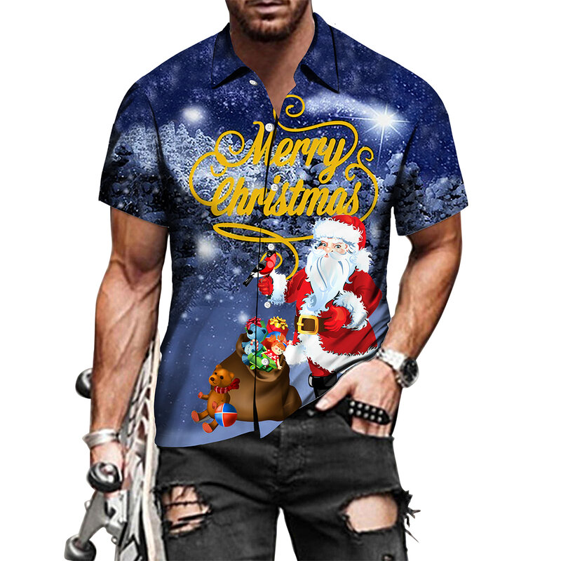 أحدث عيد الميلاد الرجال متعدد الألوان طباعة قمصان عطلة الاحتفال قصيرة/كم كامل تأثيري زر البلوزات السنة الجديدة الديكور