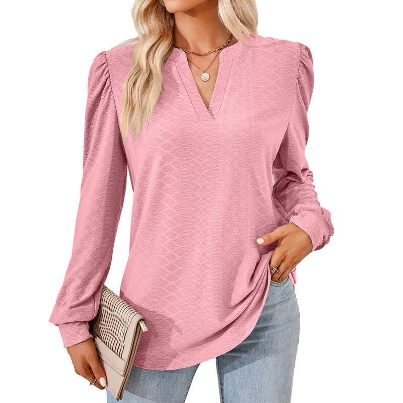 المرأة V-Neck الجاكار بأكمام طويلة فضفاضة تي شيرت أعلى ، أحادية اللون ، جديدة ، الخريف والشتاء