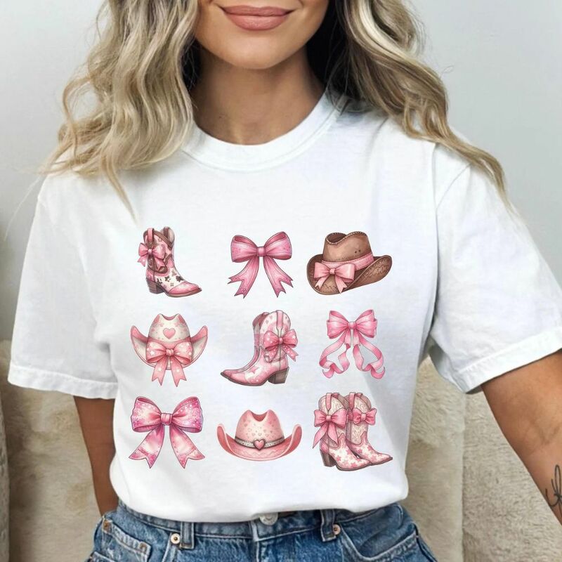 قميص راعية البقر مع القوس الوردي للفتيات المراهقات ، ملابس جمالية ، قمة عصرية ، هدية فتاة مراهقة ناعمة