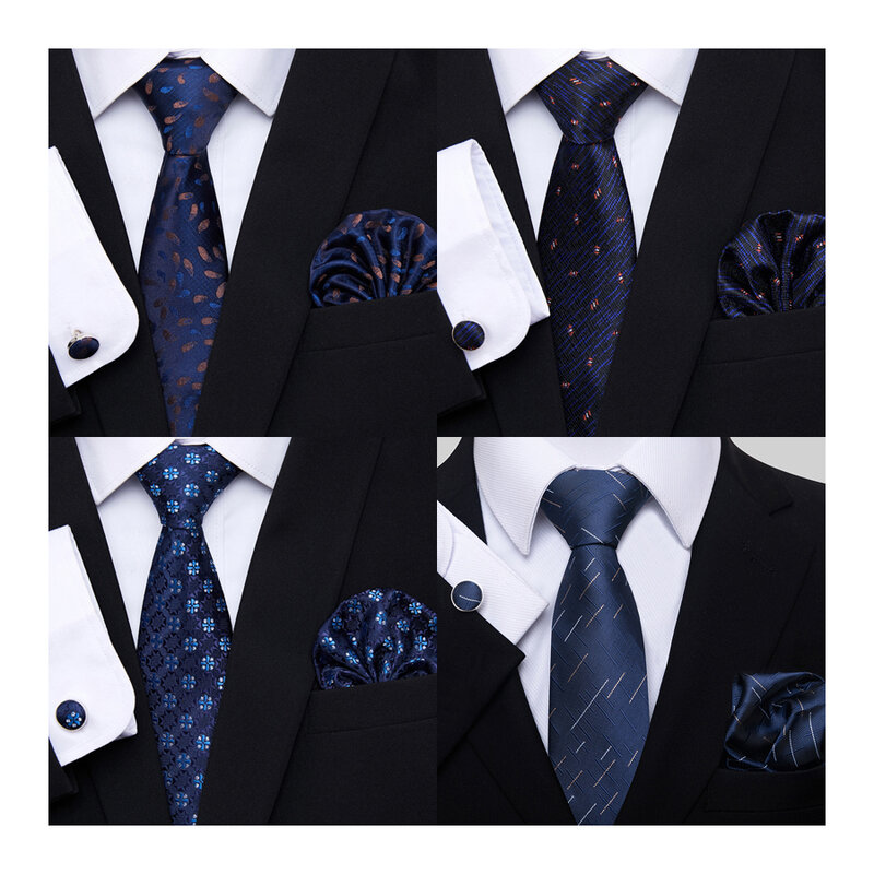 لطيفة اليدوية أحدث الحرير Gravatas عطلة هدية التعادل جيب المربعات مجموعة أزرار الأكمام ربطة العنق رجل أزرق داكن نقطة اكسسوارات الزفاف