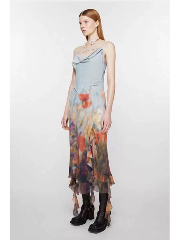 المرأة هالة مصبوغة لوحة زيتية طباعة حمالة تنحنح غير النظامية فستان طويل