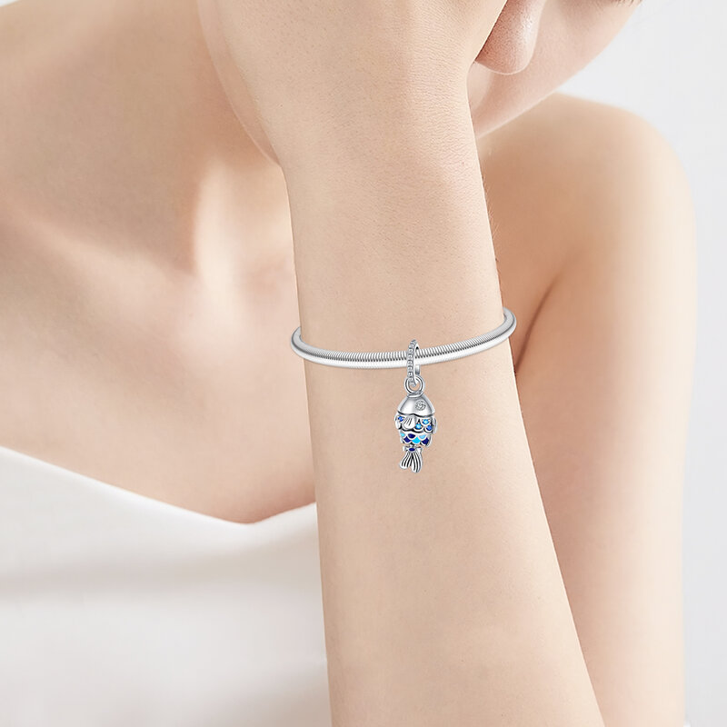 925 فضة الأسماك الماس قلادة للنساء ، الأزرق الحيوان سلسلة ، يناسب الأصلي باندورا أساور ، DIY بها بنفسك مجوهرات هدية