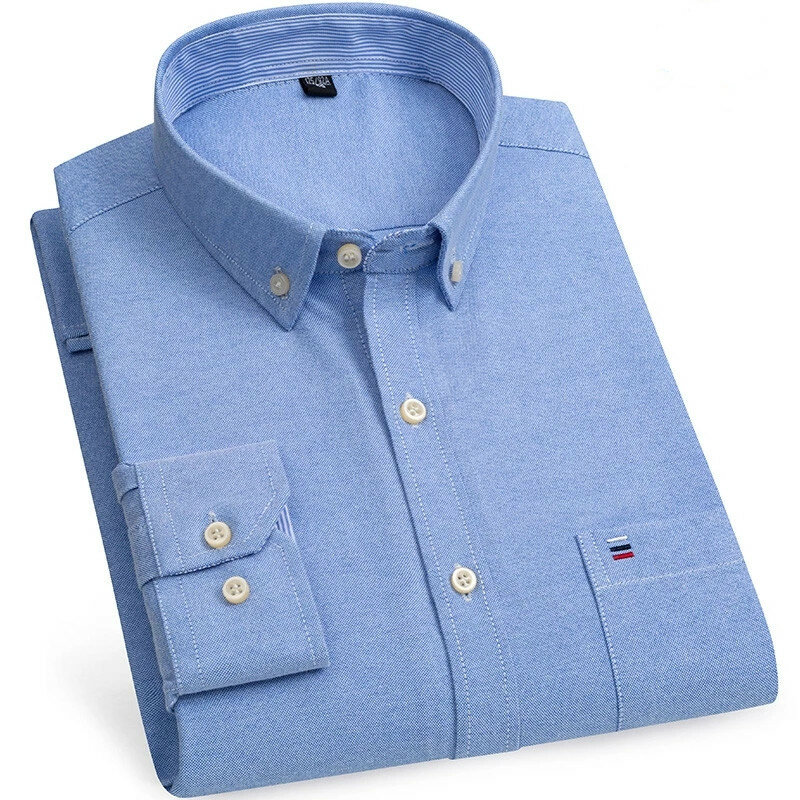 جديد S-7XLCotton قميص أكسفورد للرجال طويلة الأكمام منقوشة مخطط قمصان عادية الذكور جيب منتظم صالح زر أسفل العمل قميص رجالي