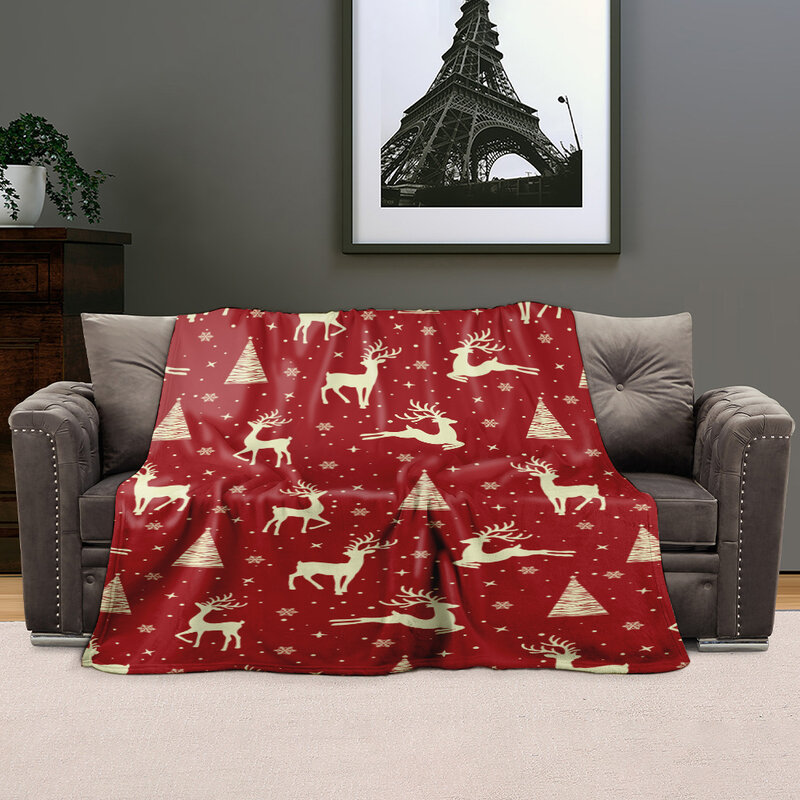 مخملية لمسة مطبوعة بطانية صوف ، أفخم للغاية ، أنيق ، راحة ، عطلة عيد الميلاد ، حيوان الرنة بورجوندي