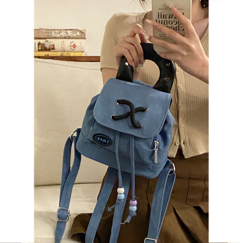 حقيبة نسائية دينم زرقاء ، حقيبة عادية بسيطة ، حقيبة يد للطلاب متعددة الاستخدامات ، حقائب دلو رائجة للنساء ، حقيبة ظهر جديدة ، حقيبة ظهر