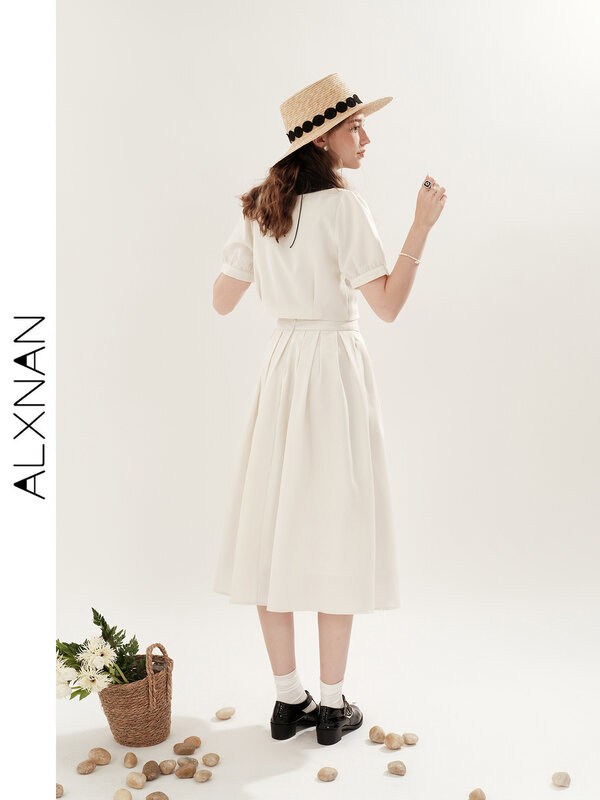 ALXNAN-قميص نسائي وبدلة فستان ، خصر فضفاض ، سترة صواني على الخطوط ، طية صدر ، فساتين بطول الكاحل للإناث ، صيف فرنسي ، TM00105 ، 24