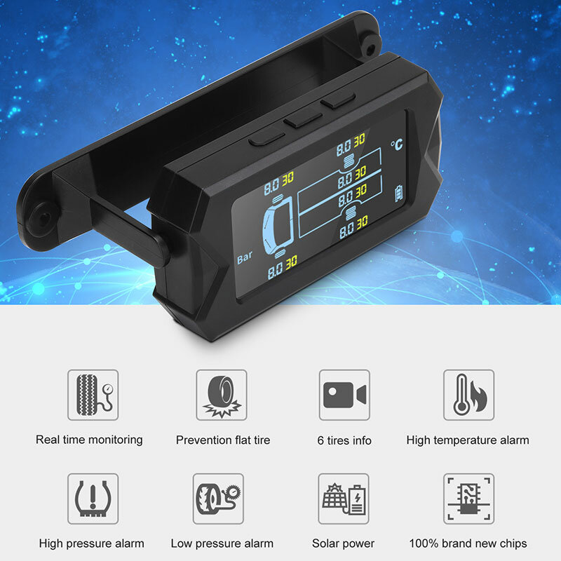 كوداش سيارة لاسلكية مراقبة ضغط الإطارات 6 الخارجية TPMS الاستشعار 15bar نظام إنذار درجة الحرارة LCD USB شاحنة الشمسية مخصصة