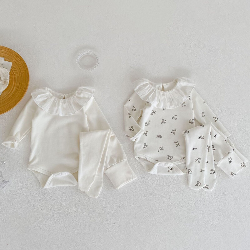 مجموعة ملابس الأطفال الرضع لموسم خريف 2022 ملابس منزلية بأكمام طويلة بدلة طويلة مكونة من رومبير مُزينة بالزهور