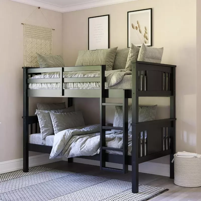 سرير بطابقين من الخشب الأسود للأطفال ، ثنائي فوق ، فوق