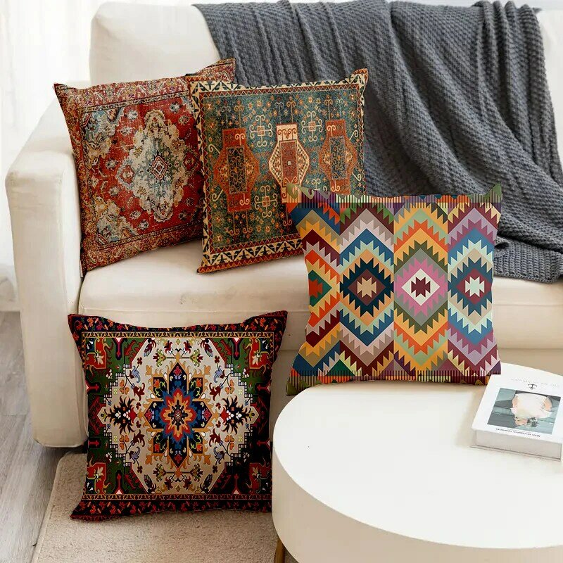 غطاء وسادة كتان مربع ناعم ، نمط بوهيمي ، نقش ملون مطبوع ، مزيج ديكور منزلي ، غطاء وسادة لغرفة المعيشة