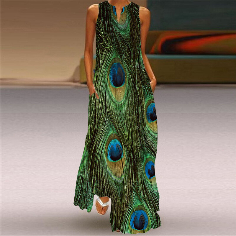 Solredo-فستان طويل للنساء, مقاس كبير ملابس, بدون أكمام, أخضر, طاووس, غير رسمي, شاطئ, حفلة, صيف, 2023