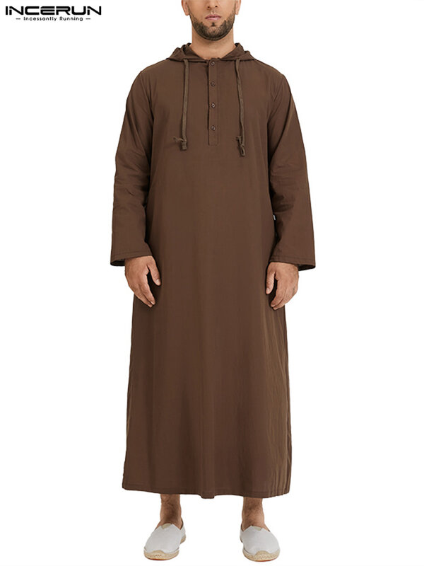 قمصان رداء بأكمام طويلة من INCERUN الإسلامية Jubba Thobe Hombre رداء بقفطان عربي سعودي طويل جوبا ثوب هومبر ملابس عباية رجالية