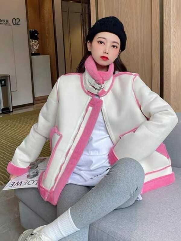 Casual Faux Fur Leather Jacket Women 2022 Autumn Loose Warm Spliced High Street Moto Jacket Female Korean Fashion PU Chic Coats