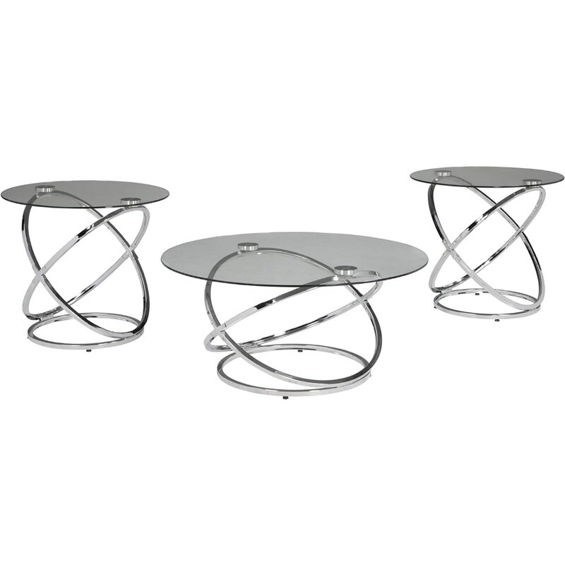 مجموعة طاولة مستديرة عصرية من 3 قطع ، تشمل طاولتين نهايتين ، كروم ، تشمل طاولة قهوة