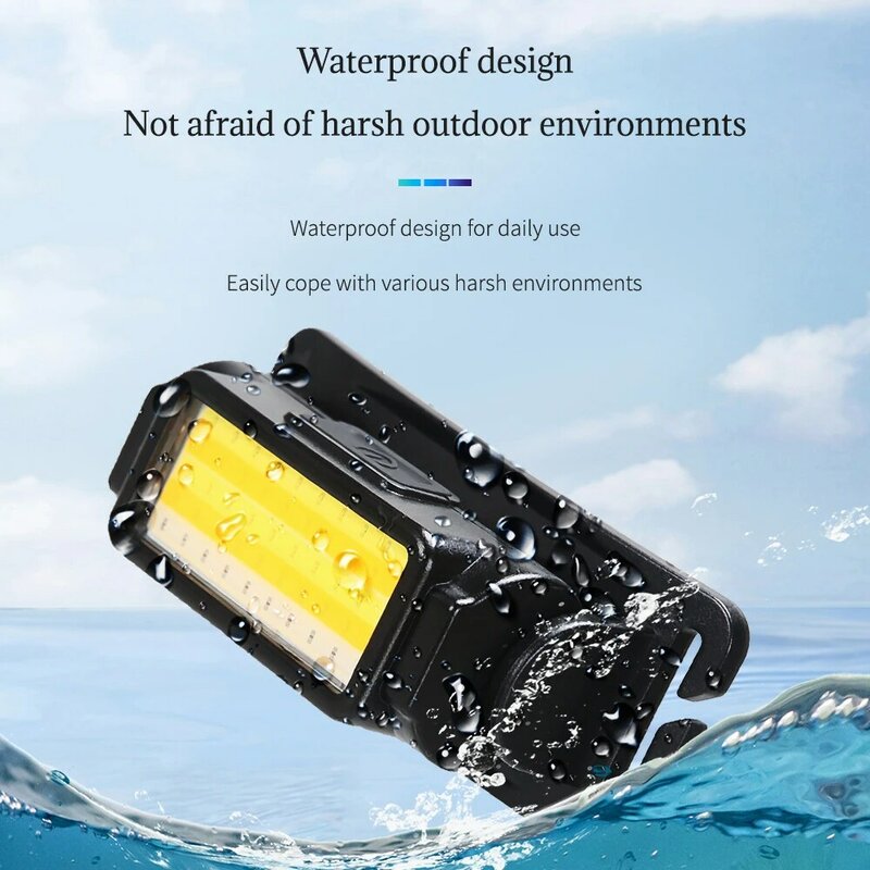 مصباح COB + LED قوي للمصابيح الأمامية القابلة لإعادة الشحن USB 4 أوضاع الإضاءة مصباح أمامي مقاوم للماء للتخييم في حالات الطوارئ
