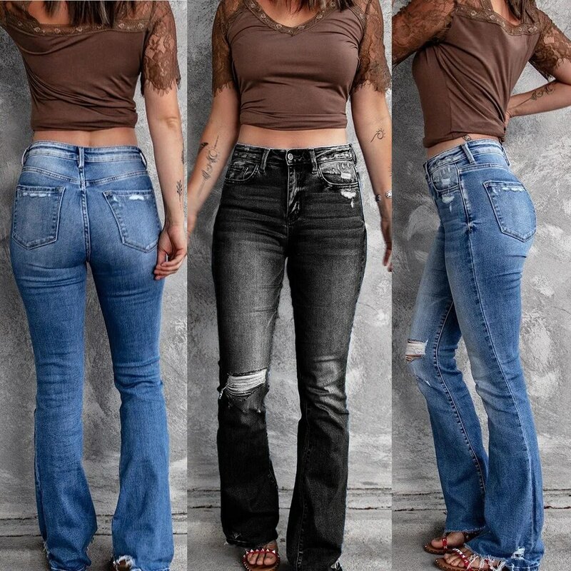ممزق جينز للنساء ، ارتفاع الخصر ، تمتد ، ضئيلة ، مايكرو ، ممزق ، نمط خمر