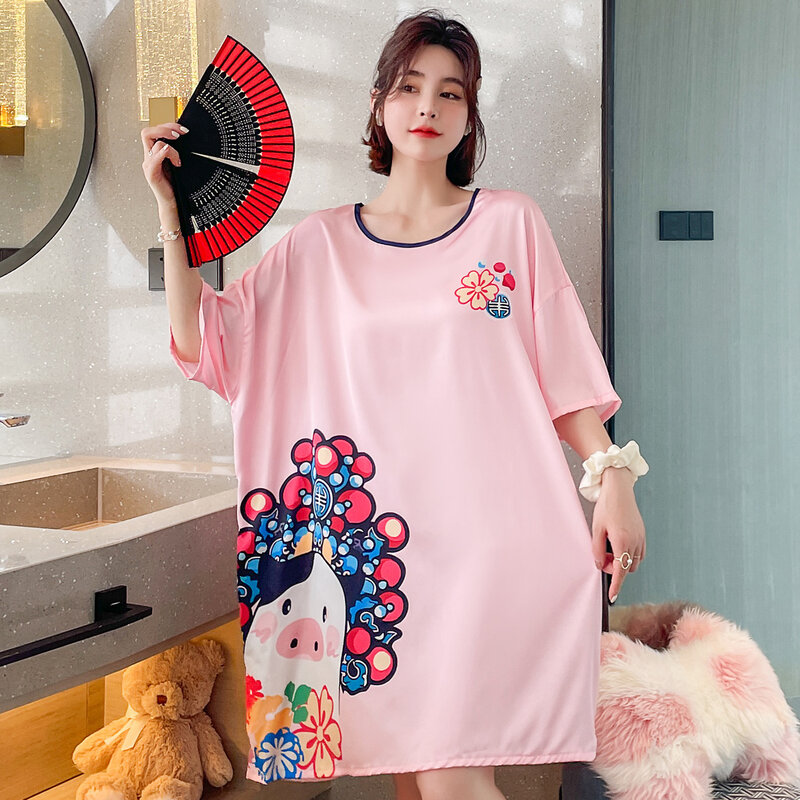 قميص نوم صيني كرتوني للنساء ، قطعة واحدة ، بيجامة مقاس كبير ، ملابس نوم بأكمام قصيرة ، ملابس منزلية