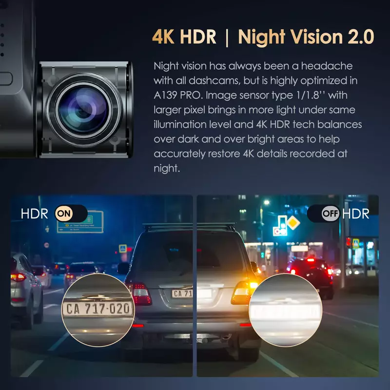 VIOFO-A139 برو داش كام ستارفيس 2 الاستشعار ، كاميرا السيارة الأمامية والخلفية ، الترا هد ، 4K ، 1080P ، سوبر للرؤية الليلية ، 5GHz ، واي فاي ، غس