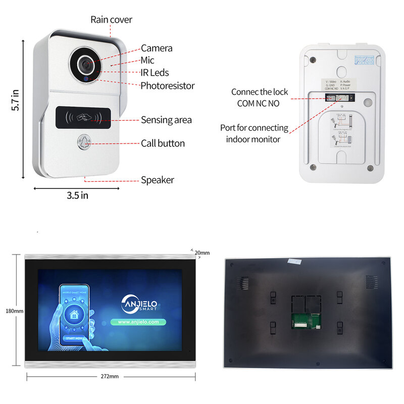 جرس باب سلكي لاسلكي للفيديو الداخلي IP ، شاشة كبيرة تعمل باللمس ، جرس باب واي فاي ، تحكم في الوصول إلى الفيلا RFID المسطحة ، 2MP ، P ، 10"
