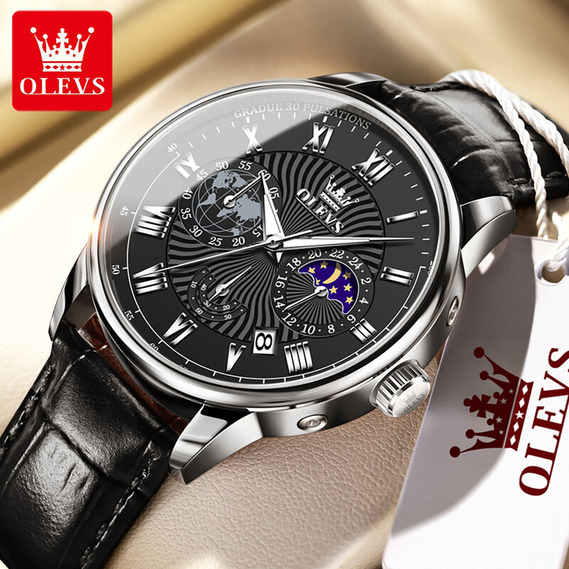 ساعة OLEVS-ساعة قمر جلدية فاخرة متعددة الوظائف ، كرونوغراف 24 ساعة ، ساعة كوارتز للرجال ، علامة تجارية مشهورة