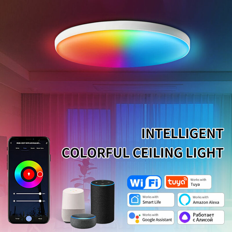 مصباح سقف ليد ذكي واي فاي من Tuya ، إضاءة مستديرة ، يعمل مع اليكسكا ، جوجل للمنزل ، غرفة النوم ، غرفة المعيشة ، RGB ، AC V ، 24W