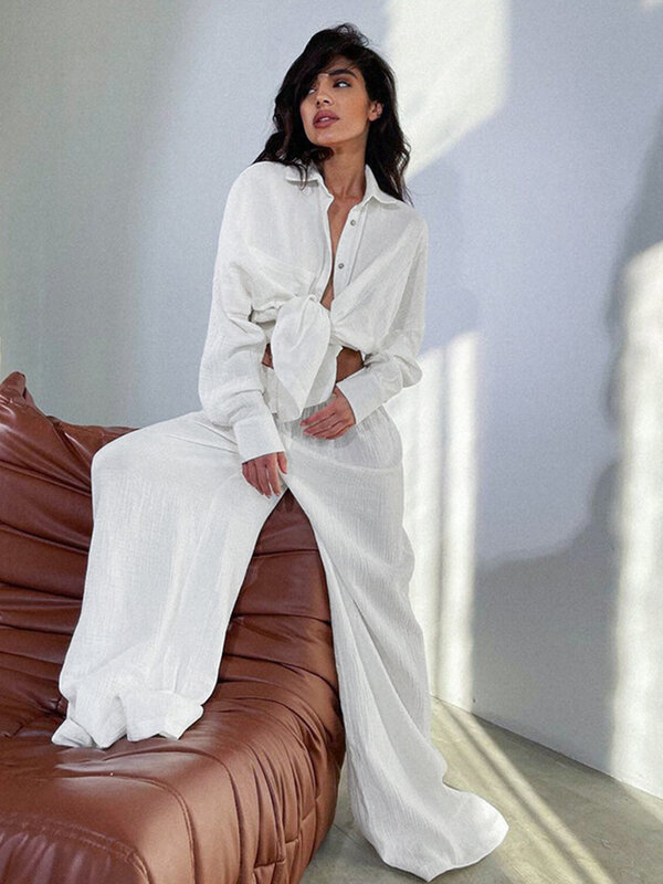 فساتين نوم قطنية بيضاء للنساء من Marthaqiqi ، بذلة نوم نسائية ، أكمام طويلة ، ياقة مطوية ، بنطال بيجامة ، ملابس نوم نسائية ، طقم من قطعتين