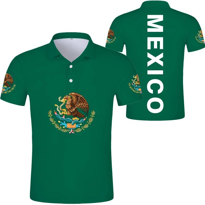 قميص بولو مطبوع ثلاثي الأبعاد للرجال والنساء ، علم المكسيك ، قمم بأكمام قصيرة ، قمصان بأزرار طية صدر ، أزياء عالية الجودة