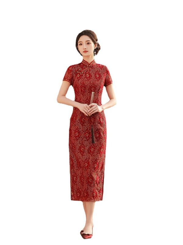 المرأة الأحمر الدانتيل تشيباو الصينية فستان الحديثة تحسين شيونغسام الرجعية أنيقة فستان زهري