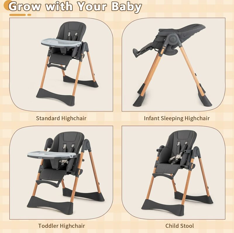 كرسي عالي قابل للطي مع وسادة مقعد جلد ، زاوية راحة ، 4 في 1 ، مناسب للأطفال الصغار ، كرسي مرتفع لأكل الرضع