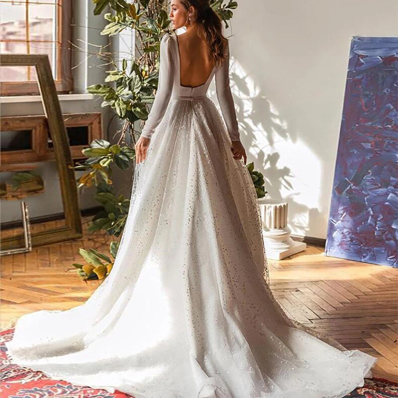 JEHETH-فستان زفاف بوهيمي مع تول ، كم طويل ، رقبة مربعة ، فساتين العروس ، مثير بدون ظهر ، a-line ، مناسبة رسمية