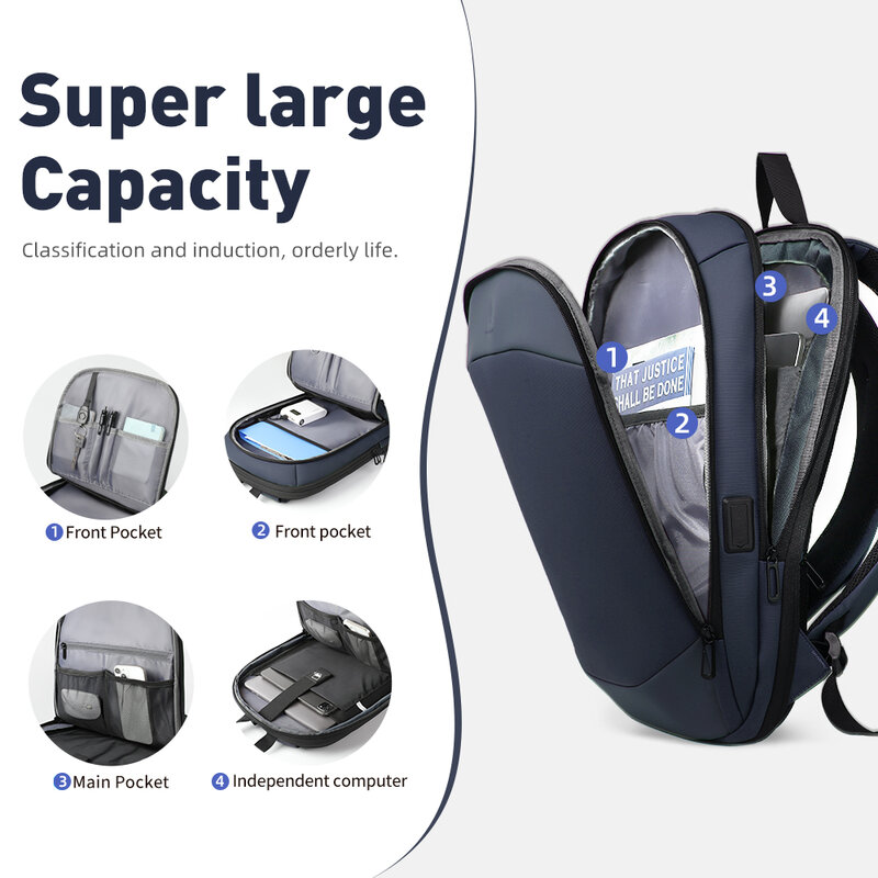 HcanKcan-حقيبة ظهر للرجال مقاومة للماء ، حقائب سفر قابلة للتوسيع مع شحن USB ، سحاب YKK ، حزمة عمل كمبيوتر محمول 17 بوصة ، الموضة
