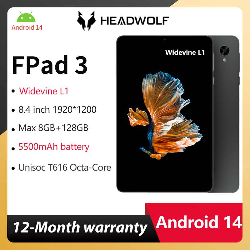 تابلت HEADWOLF FPad3 Android 14 بحجم 8.4 بوصة، ذاكرة وصول عشوائي (رام) بحجم 8 جيجابايت وذاكرة تخزين داخلية (روم) بحجم 128 جيجابايت. يدعم Widevine L1 ومزود بمعالج Unisoc T616 ثماني النواة وشاشة FHD بسعة بطارية 5500 مللي