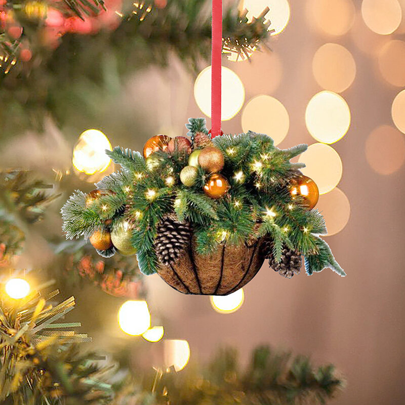 زخرفة خشبية على شكل سلة زهرة عيد الميلاد ، زخرفة قلادة شجرة عيد الميلاد ، ديكور عيد ميلاد سعيد ، سنة جديدة سعيدة