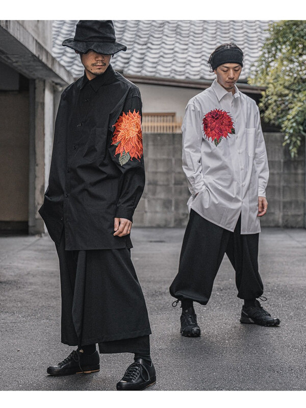 مظلمة اليابان نمط زهرة التطريز الأصلي الرجال القمصان والبلوزات للنساء أوم للجنسين قمصان كبيرة الحجم للرجال الملابس