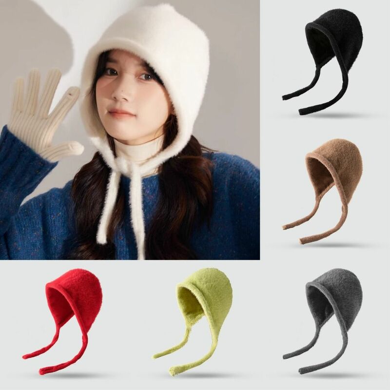 المرأة الدافئة محبوك قبعة ، بلوفر أحادي اللون ، بينيس الصوف ، أفخم لينة حماية الأذن قبعة ، الشتاء