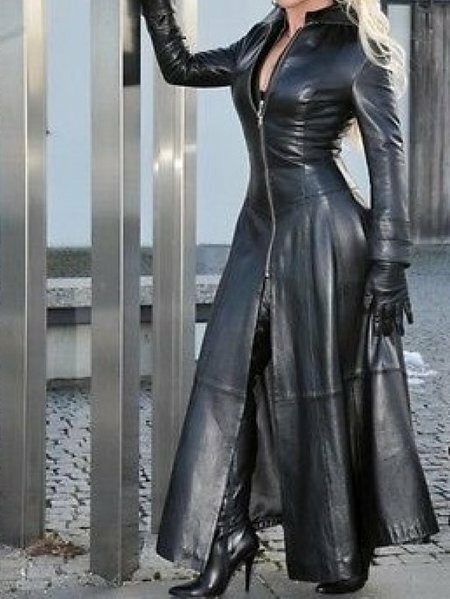 المرأة بولي Leather جلد طويل خندق معطف مع الوقوف طوق و سستة ، طويلة الأكمام ، ضئيلة ، أحادية اللون ، عادية ، مثير ، موضة ، الملابس