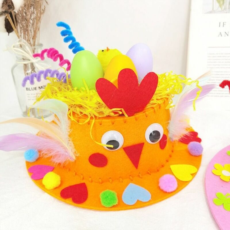 قبعة أرنب عيد الفصح للأطفال ، قماش غير منسوج ، قبعة يدوية الصنع ، قشر بيض مطلي ، لعبة ذاتية الصنع ، فرخ مزخرف