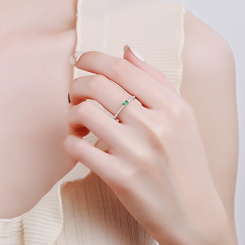 2022 جديد كلاسيكي مستطيل خاتم الزمرد للنساء صف واحد من الماس حقيقية فضة عيد الحب هدية مجوهرات