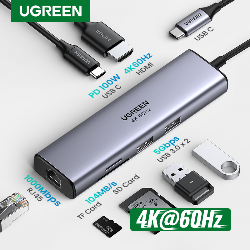 UGREEN USB C HUB 4K 60Hz نوع C إلى HDMI 2.0 RJ45 PD 100 واط محول ل ماك بوك اير برو باد برو M2 M1 قطعة اكسسوارات USB 3.0 HUB