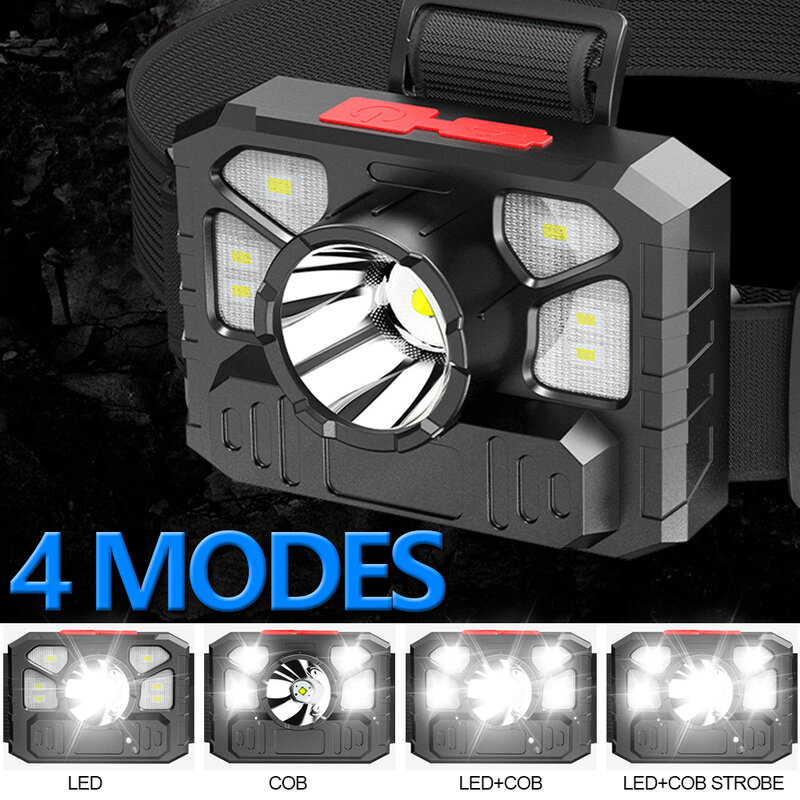 كشاف LED فائق الإضاءة قابل لإعادة الشحن بمنفذ USB 18650 مصباح أمامي 4 أوضاع التبديل مصباح يدوي أمامي مقاوم للمياه كشاف تخييم