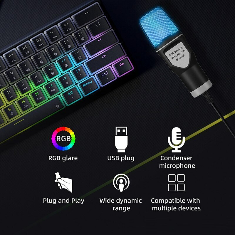 SF666R ميكروفون USB RGB Microfone مكثف سلك الألعاب ميكروفون تسجيل استوديو البث المحمول