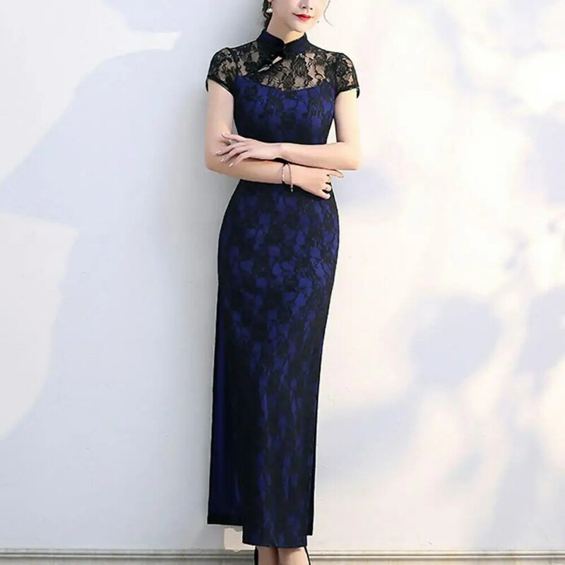 فستان شيونغسام صيني تقليدي للنساء ، مرقع دانتيل ، ياقة قائمة ، أنيق ، عتيق