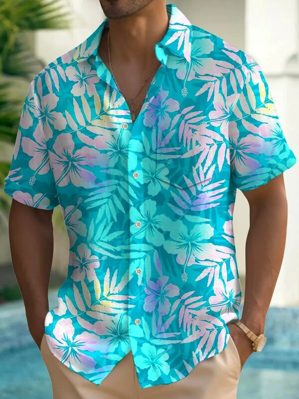 قمصان هاواي للرجال بطباعة ثلاثية الأبعاد ، قميص ملون بأزرار ، ملابس الشارع ذات طية صدر ، بلوزة ، نمط أساسي ، أزياء الصيف